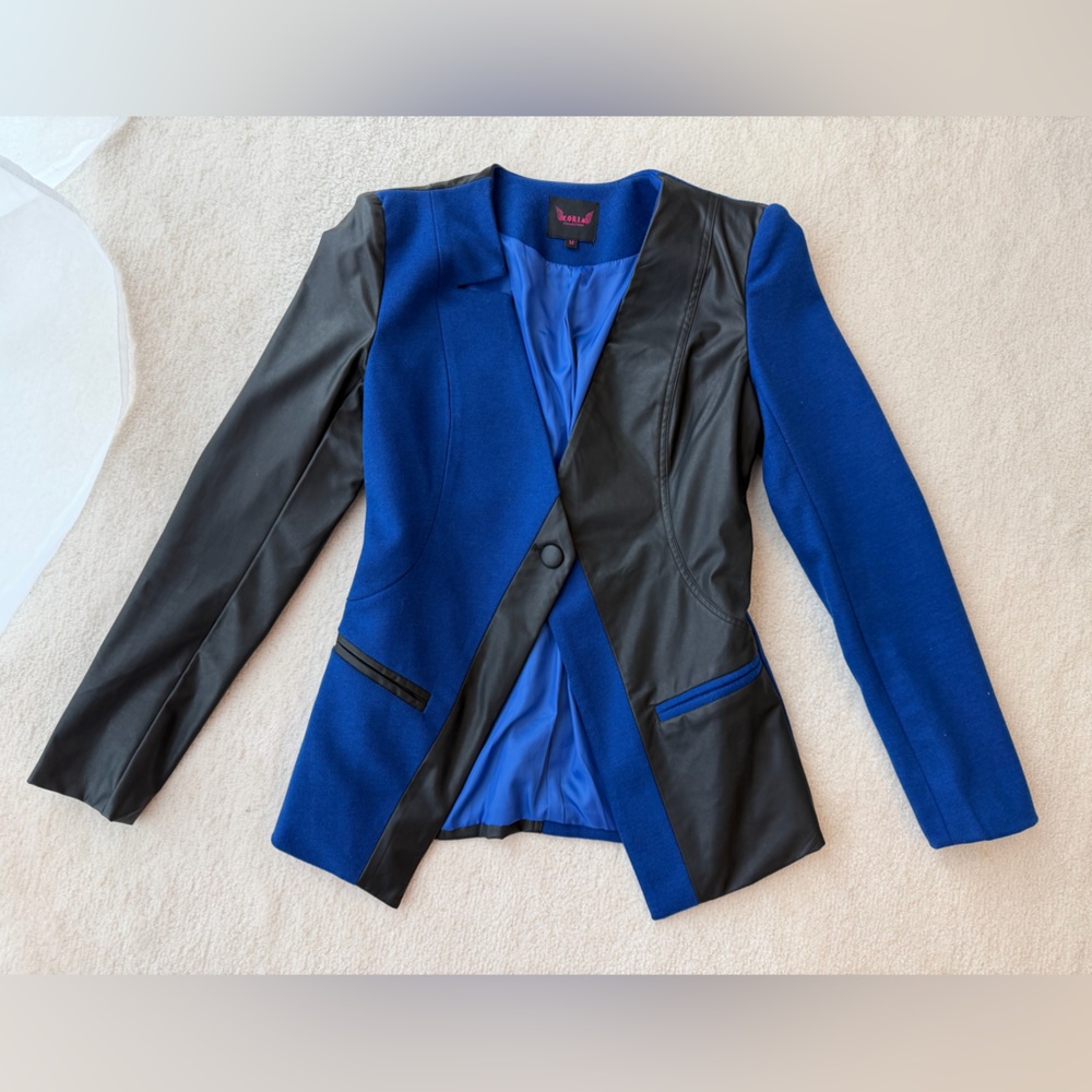 Anthropologie Loria Blue and Black Colorblock Asymmetric Blazer